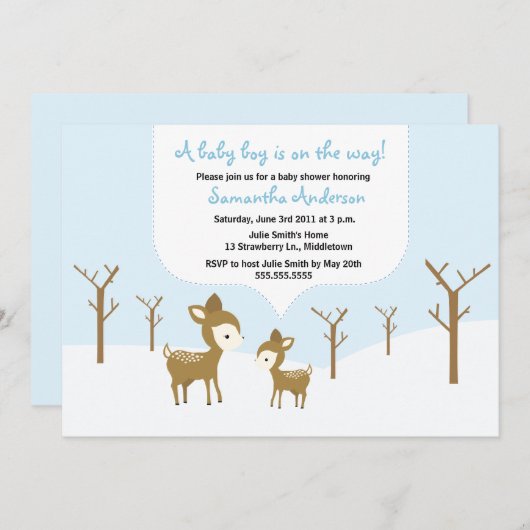 Winter Deer en Fawn Baby shower Invite - Boy Kaart (Voorkant / Achterkant)