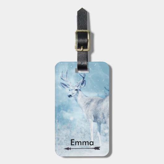 Winter Deer en Pine Trees gepersonaliseerd Bagagelabel (Voorkant verticaal)
