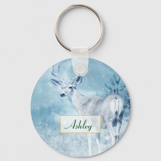 Winter Deer en Pine Trees gepersonaliseerd Sleutelhanger (Voorkant)