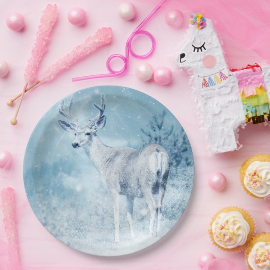 Winter Deer en Pine Trees Papieren Bordje (Feest)