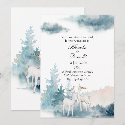 Winter Deer en Trees Waterverf Wedding Kaart (Voorkant / Achterkant)
