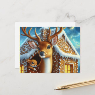  Winter Deer Family in Gingerbread House Postcard Briefkaart