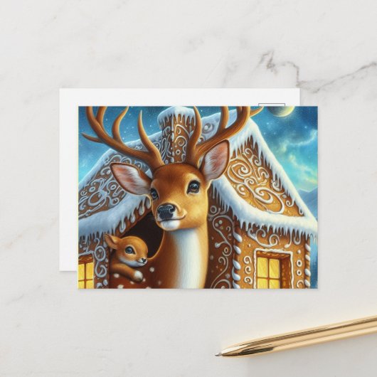  Winter Deer Family in Gingerbread House Postcard Briefkaart (Voorkant / Achterkant in situ)