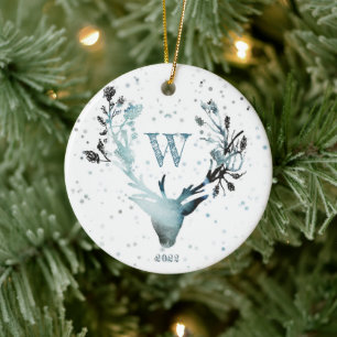 Winter Deer head Silver Blue Monogram Kerstmis Keramisch Ornament