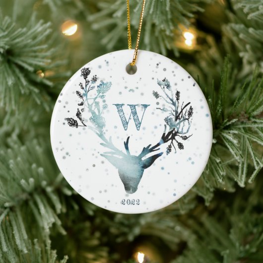 Winter Deer head Silver Blue Monogram Kerstmis Keramisch Ornament (Boom)