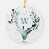 Winter Deer head Silver Blue Monogram Kerstmis Keramisch Ornament (Voorkant)