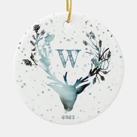 Winter Deer head Silver Blue Monogram Kerstmis Keramisch Ornament (Voorkant)
