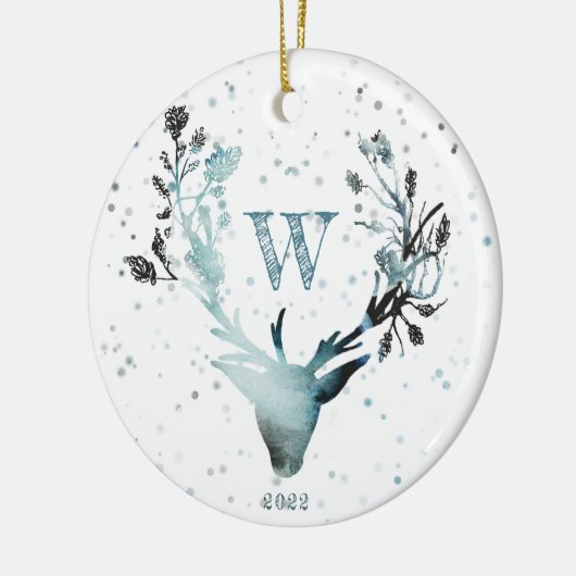 Winter Deer head Silver Blue Monogram Kerstmis Keramisch Ornament (Links)
