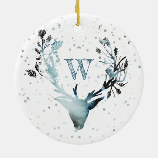 Winter Deer head Silver Blue Monogram Kerstmis Keramisch Ornament (Achterkant)