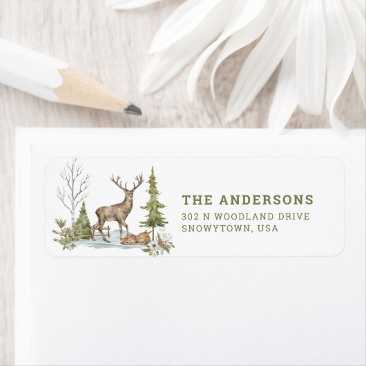 Winter Deer in de sneeuw | Adres Etiket (Insitu)
