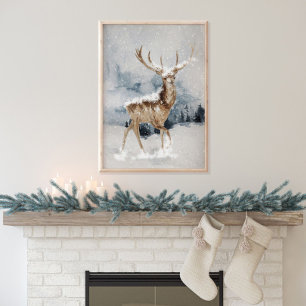 Winter Deer in sneeuw Poster