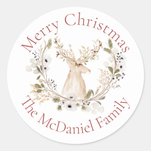 Winter Deer Krans Vakantie Ronde Sticker (Voorkant)