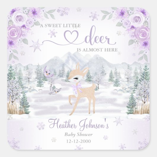 Winter Deer Paarse Sneeuwvlok Baby shower Vierkante Sticker (Voorkant)