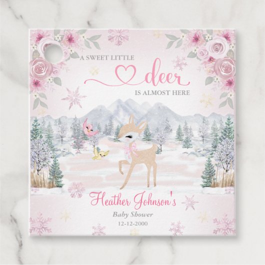 Winter Deer Pink Snowflake Baby shower Bedankjes Labels (Voorkant)