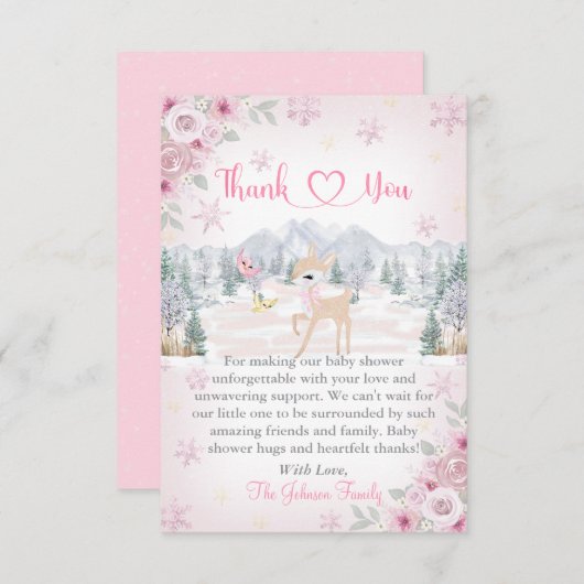 Winter Deer Pink Snowflake Baby shower Bedankkaart (Voorkant / Achterkant)