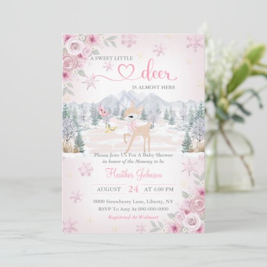 Winter Deer Pink Snowflake Baby shower Kaart (Staand voorkant)
