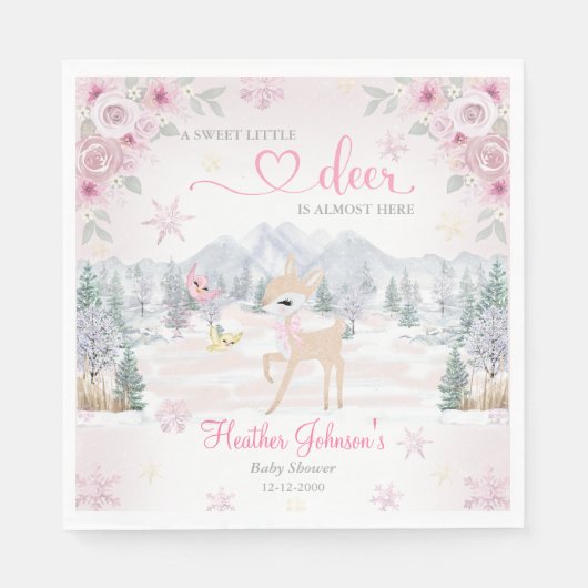 Winter Deer Pink Snowflake Baby shower Servet (Voorkant)