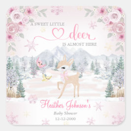 Winter Deer Pink Snowflake Baby shower Vierkante Sticker