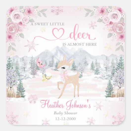 Winter Deer Pink Snowflake Baby shower Vierkante Sticker (Voorkant)