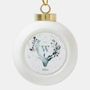 Winter Deer Silver Blue Monogram Kerstmis Keramische Bal Ornament