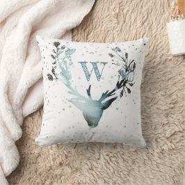 Winter Deer Silver Blue Monogram Kerstmis Kussen