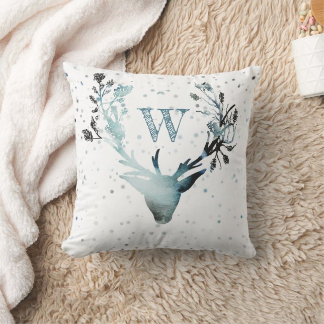 Winter Deer Silver Blue Monogram Kerstmis Kussen (Deken)