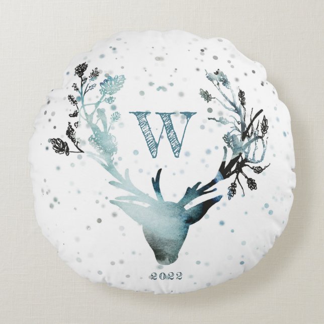 Winter Deer Silver Blue Monogram Kerstmis Rond Kussen (Voorkant)