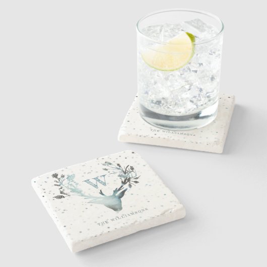 Winter Deer Silver Blue Monogram Kerstmis Stenen Onderzetter (Zijkant)