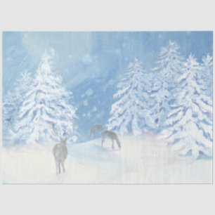 Winter Deer Snow Falling kerstboom Blue White Tissuepapier