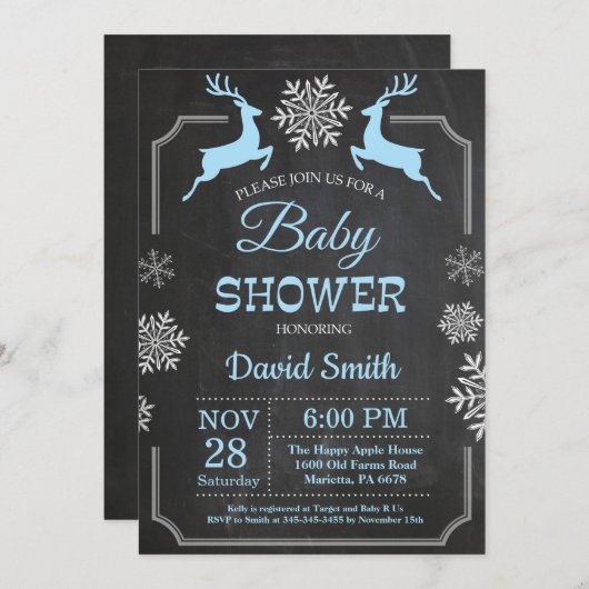 Winter Deer Snowflake Boy Baby shower Uitnodiging (Voorkant / Achterkant)