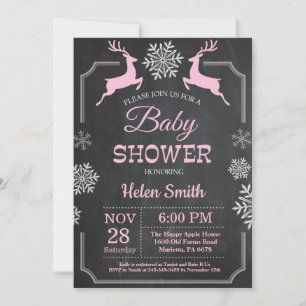 Winter Deer Snowflake Girl Baby shower Uitnodiging