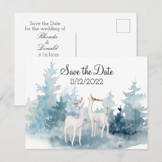 Winter Deer Waterverf Wedding Save the Date Briefkaart (Voorkant / Achterkant)