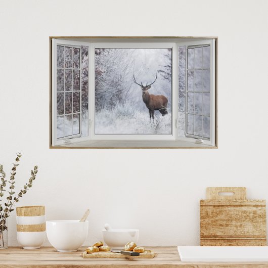 Winter Deer White Bay Window Illusion Poster (Keuken)