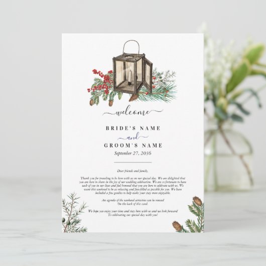 Winter dennen bomen lantaarn bruiloft route programmakaart (Staand voorkant)