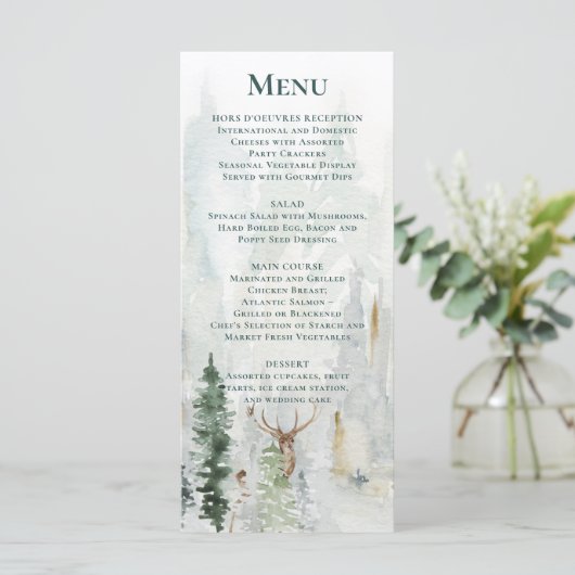 Winter dennen bomen sneeuw herten gewei bruiloft menu (Staand voorkant)