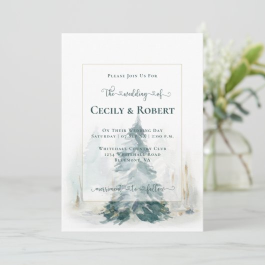 Winter dennen boom decoratieve belettering bruilof kaart (Staand voorkant)