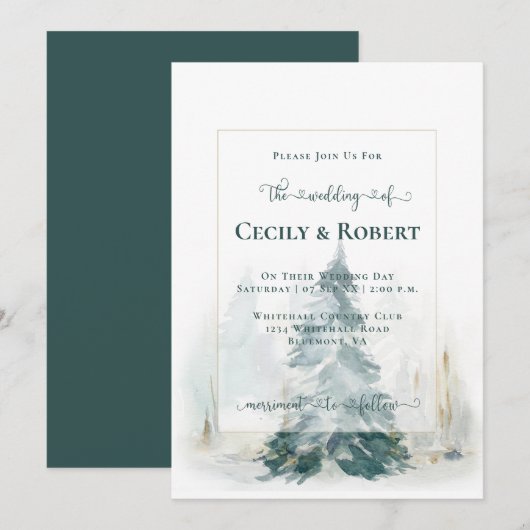 Winter dennen boom decoratieve belettering bruilof kaart (Voorkant / Achterkant)