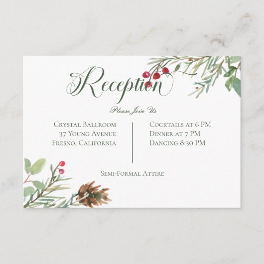 Winter dennenappel bessen moderne receptie bruilof informatiekaartje (Voorkant)