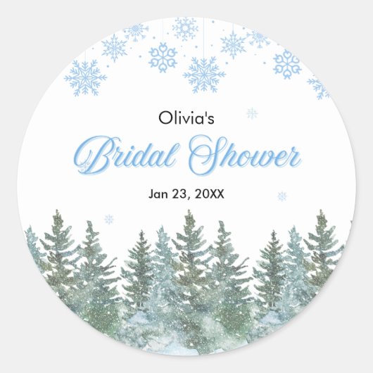 Winter dennenbomen Sneeuwvlokken Bruidsdouche Ronde Sticker (Voorkant)