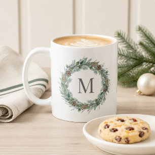 Winter Dennengroen Denneappel Krans Monogram Koffiemok