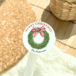 Winter Dennengroen Krans Gestreepte Rode Strik Pre Ronde Sticker