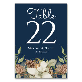 Winter Dennenhout Navy Blauwe Tafel Nummer Kaarten