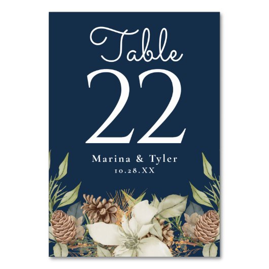 Winter Dennenhout Navy Blauwe Tafel Nummer Kaarten (Achterkant)