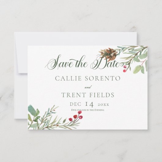 Winter Dennenkegelbessen Moderne Save the Date Kaa (Voorkant)