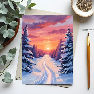 Winter Dennenlandschap Zonsondergang   Pastel Wate Briefkaart