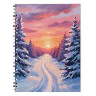 Winter Dennenlandschap Zonsondergang Pastel Wate Notitieboek