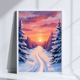 Winter Dennenlandschap Zonsondergang | Pastel Wate Poster