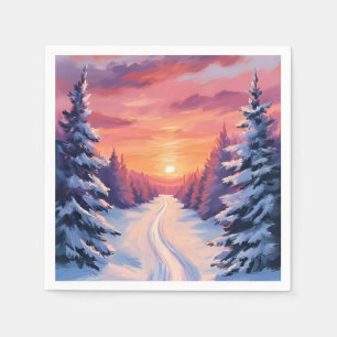Winter Dennenlandschap Zonsondergang Pastel Wate Servet