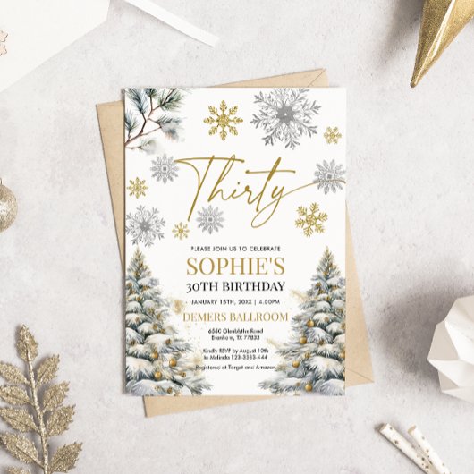 Winter Dertig Verjaardag Uitnodiging Goud en Zilve