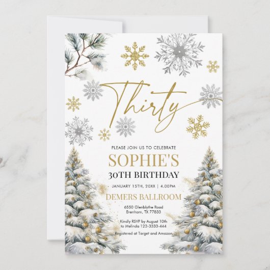 Winter Dertig Verjaardag Uitnodiging Goud en Zilve (Voorkant)